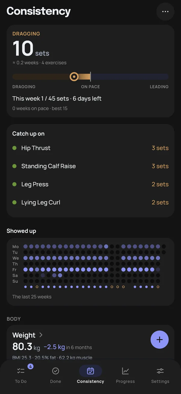 The Consistency tab: dragging by 10 sets, with the exercises to catch up on