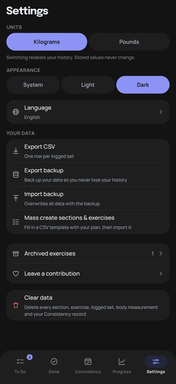 Settings: units, appearance, language, and export and backup options